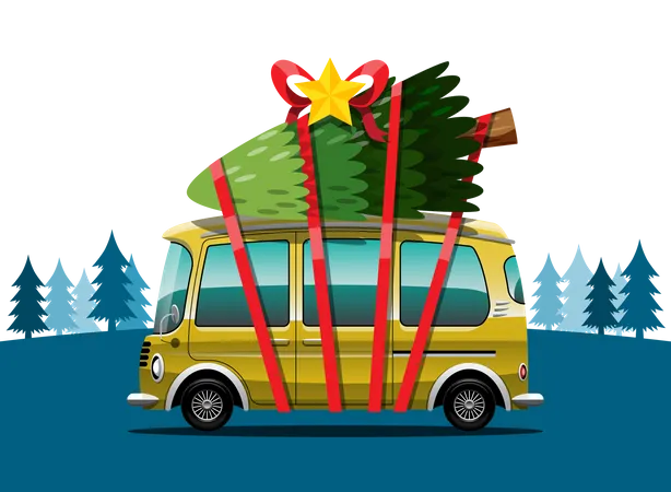 Merry Christmas Vector Illustration Retro Van Vintage Style With Christmas Tree Assembled In Graphic Design Advertising Signs Flyers Banners Website And Invitation Cards Celebration Illustration