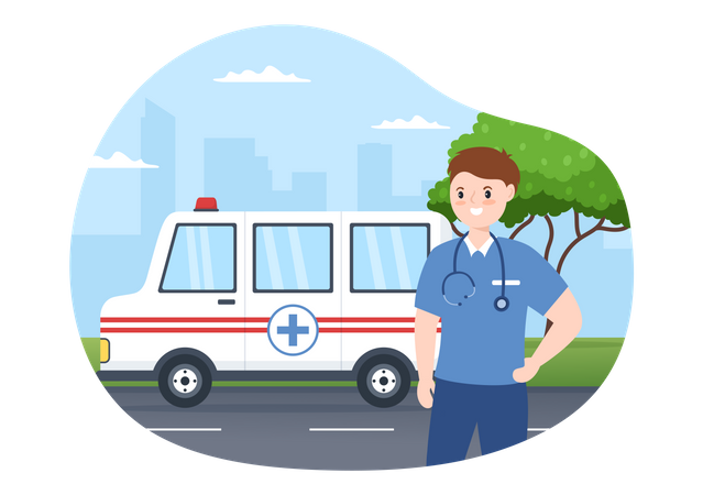 Paramédico masculino e van de ambulância  Ilustração