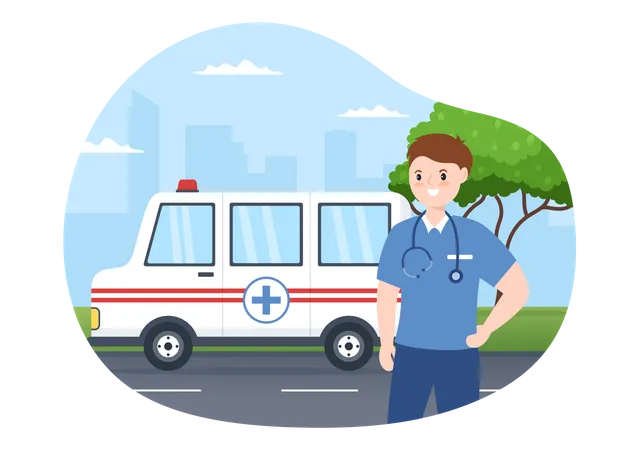 Paramédico masculino e van de ambulância  Ilustração