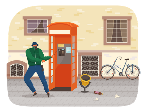 Vandal damaging the telephone booth on the town street Illustration