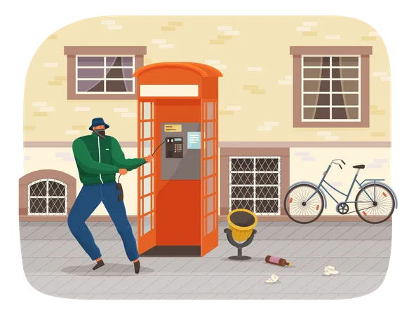 Vandal damaging the telephone booth on the town street  Illustration