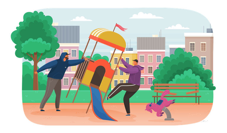 Vândalos destroem escorregador infantil em parque público  Ilustração