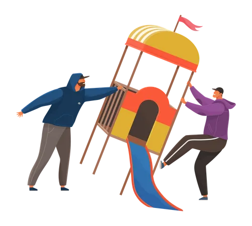 Vandals Destroy A Children S Slide In A Public Park Masked And Hooded Bandits Destroy City Property Street Gangsters And Vandalism Concept Aggressive Men Break Down The Playground Isolated On White Illustration