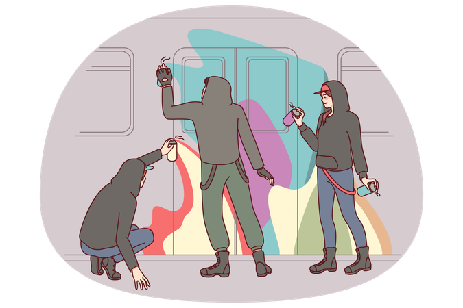 Vandals painting subway with graffiti  Illustration