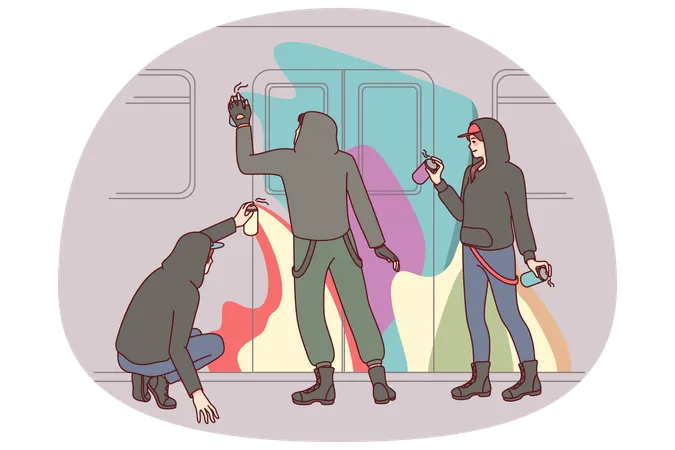 Vandals painting subway with graffiti  Illustration