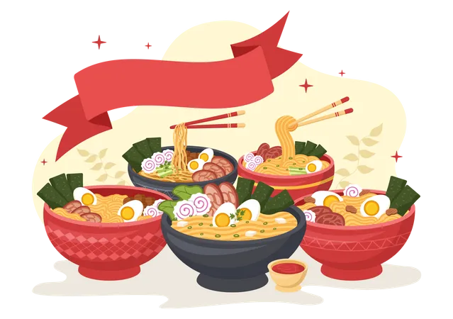 Variedade diferente de ramen  Ilustração