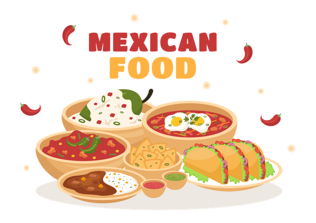 Variedade de comida mexicana saborosa  Ilustração