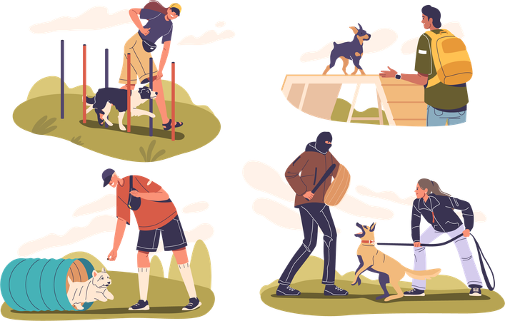 Various Dog Training Activities In Yard Setting,  Illustration