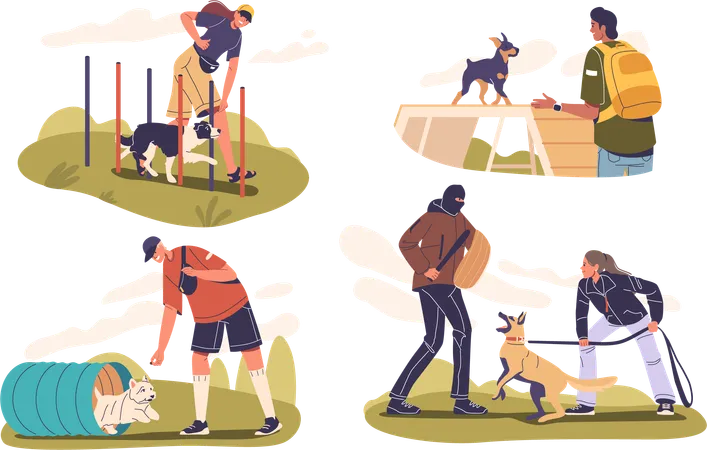 Various Dog Training Activities In Yard Setting,  Illustration