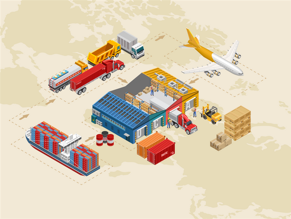Various freight transport around warehouse Illustration