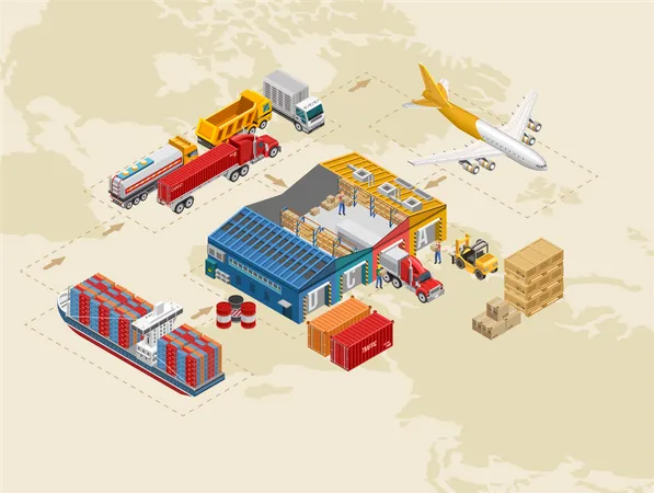 Various freight transport around warehouse  Illustration