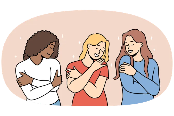 다양한 여성들이 자신을 껴안으며 자기애를 드러내고 주변 사람들을 무시하고 있다.  일러스트레이션