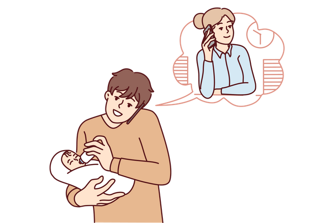 Vater füttert Baby, während Frau im Büro arbeitet  Illustration