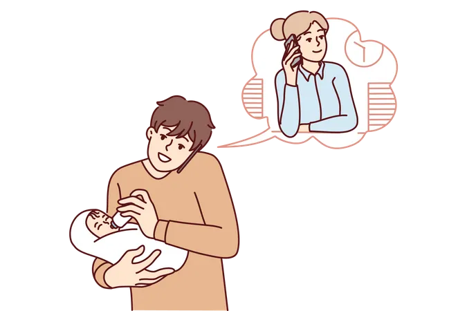 Vater füttert Baby, während Frau im Büro arbeitet  Illustration