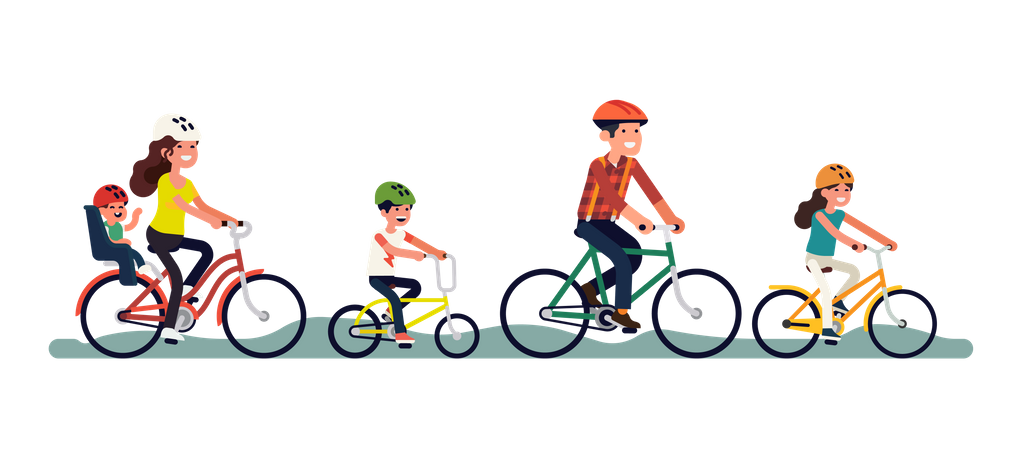 Vater, Geschwister, Mutter mit Kleinkind auf Fahrrädern  Illustration