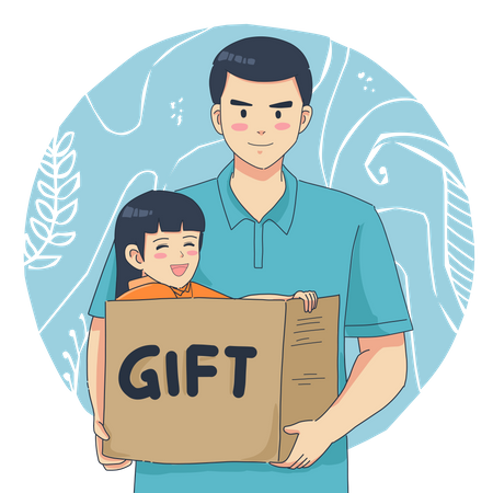 Vater hält Geschenkbox mit Tochter  Illustration