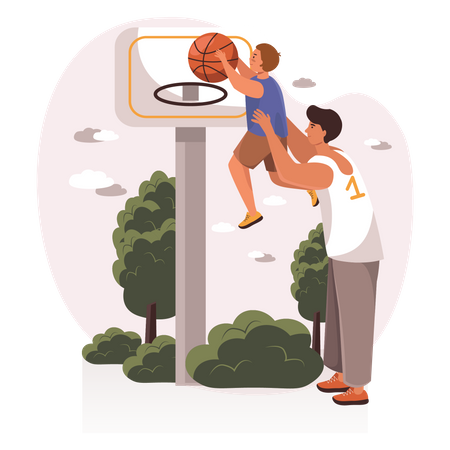 Vater hebt Sohn hoch, um Basketball zu spielen  Illustration