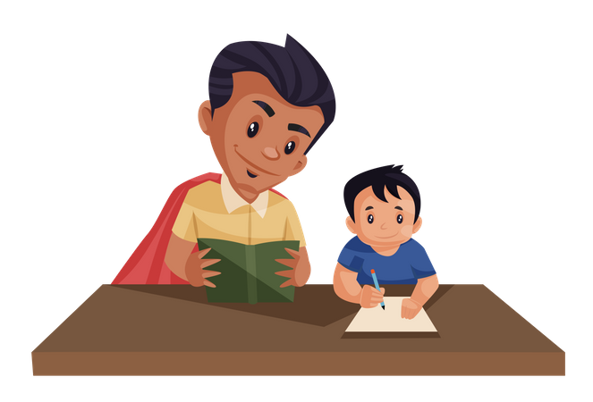 Vater hilft seinem Kind bei den Hausaufgaben  Illustration