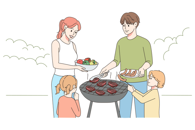 Vater kocht BBQ im Hinterhof  Illustration