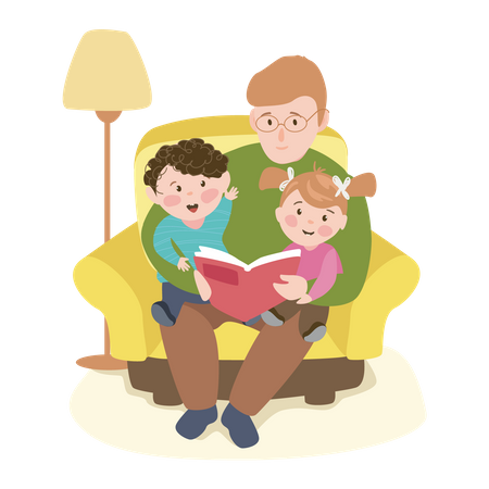 Vater liest Kindern eine Geschichte vor  Illustration