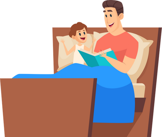 Vater liest Sohn eine Geschichte vor, während er im Bett sitzt  Illustration