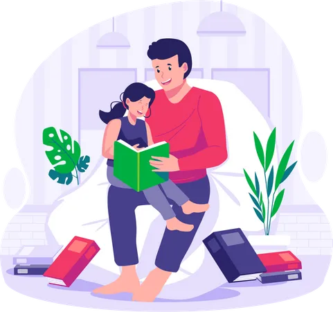 Vater liest zusammen mit seinem Kind ein Buch  Illustration