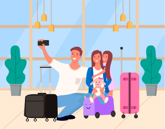 Vater macht Selfie am Flughafen  Illustration