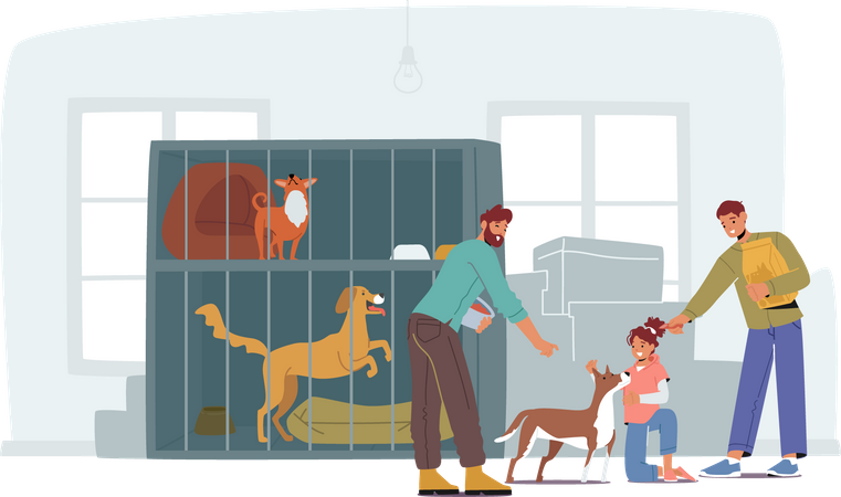 Vater mit Kindern besucht Adoptionszentrum für streunende und obdachlose Tiere  Illustration