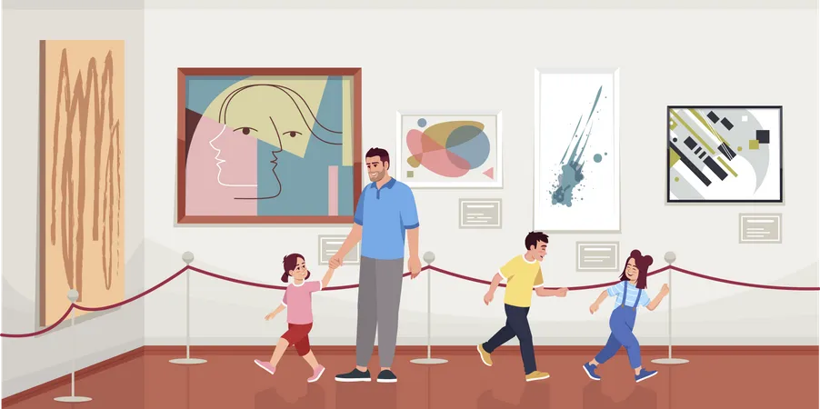 Vater mit Kindern in einer Galerie für moderne Kunst  Illustration