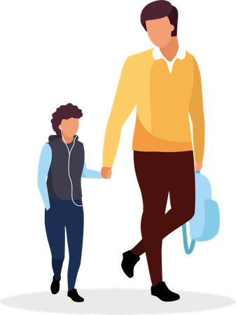 Vater mit Sohn zu Fuß zur Schule  Illustration
