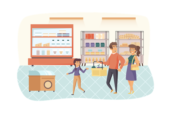 Vater, Mutter und Tochter wählen und kaufen Lebensmittel im Supermarkt  Illustration