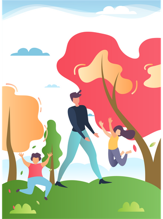 Vater, Sohn und Tochter spielen im Garten  Illustration