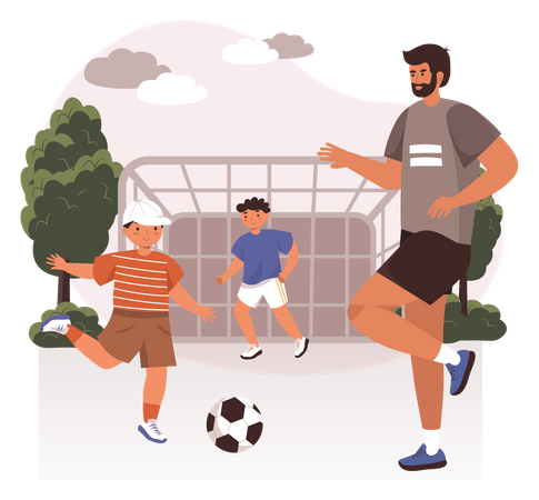 Vater spielt Fußball mit Kindern  Illustration