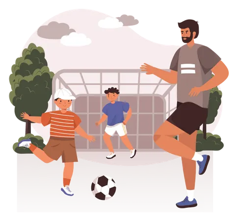 Vater spielt Fußball mit Kindern  Illustration