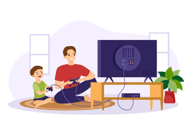 Vater spielt Videospiel mit Sohn  Illustration