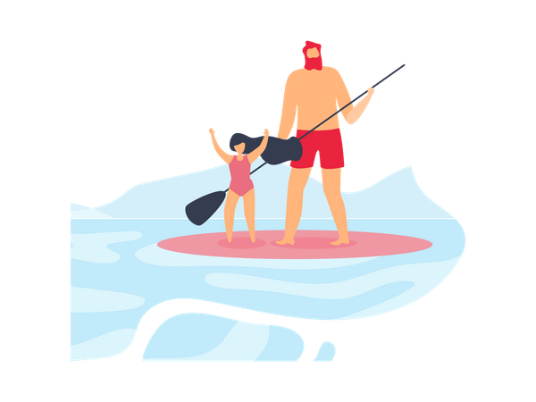 Vater und glückliche Tochter stehen und reiten Surfbrett  Illustration