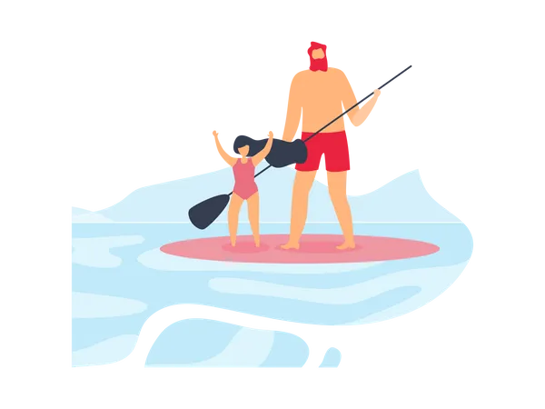 Vater und glückliche Tochter stehen und reiten Surfbrett  Illustration