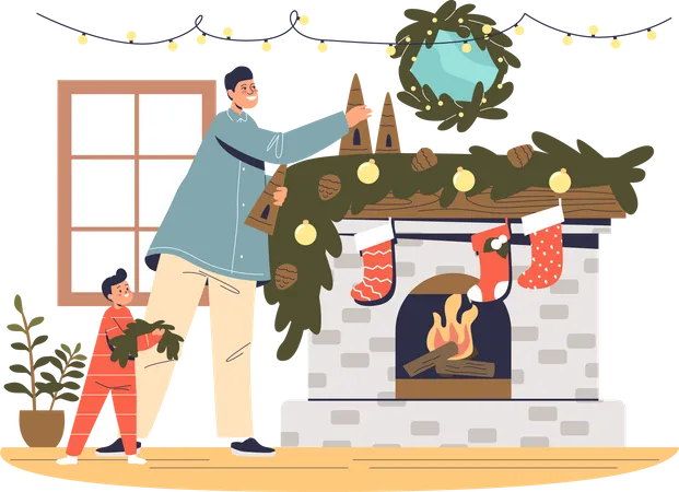 Vater und Kind dekorieren Kamin für Weihnachten  Illustration