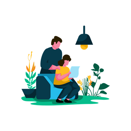 Vater und Kind lesen gemeinsam im gemütlichen Wohnzimmer  Illustration