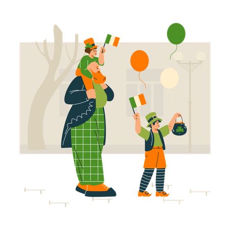 Vater und Kinder in irischen Leprechaun-Kostümen feiern den St. Patrick's Day auf der Stadtstraße  Illustration