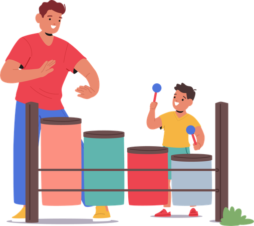 Vater und kleiner Sohn spielen mit Musikspielzeug auf dem Spielplatz  Illustration