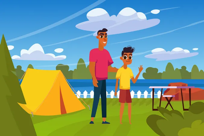 Vater und Sohn auf dem Campingplatz  Illustration