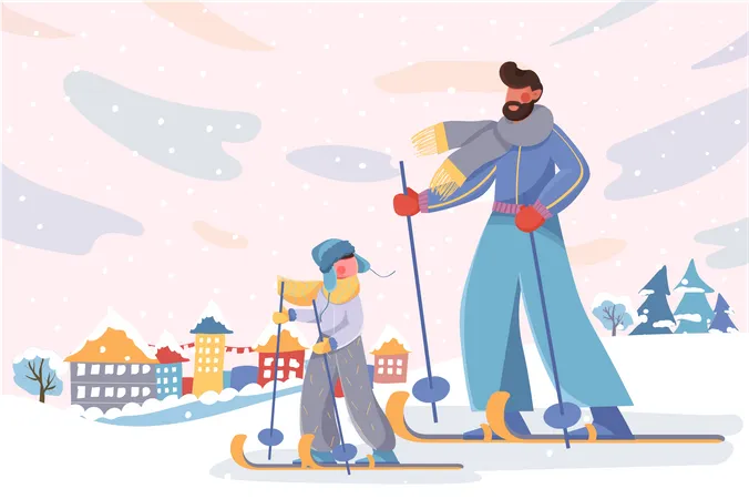 Vater und Sohn Skifahren im Schneefall  Illustration
