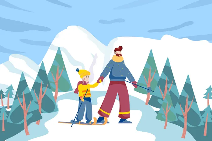 Vater und Sohn beim Skifahren im Skigebiet  Illustration