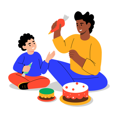 Vater und Sohn dekorieren Kuchen  Illustration