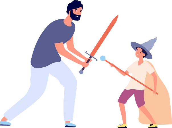Vater und Sohn kämpfen mit Holzschwertern  Illustration