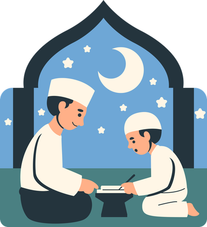 Vater und Sohn lesen den Koran unter dem Nachthimmel  Illustration