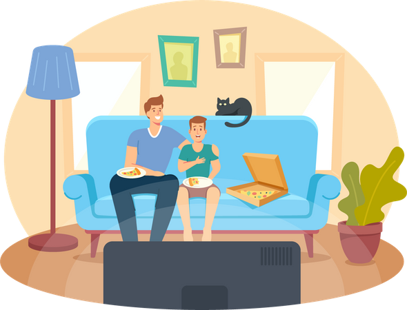 Vater und Sohn mit Pizza und Katze sitzen auf dem Sofa und schauen einen Film  Illustration
