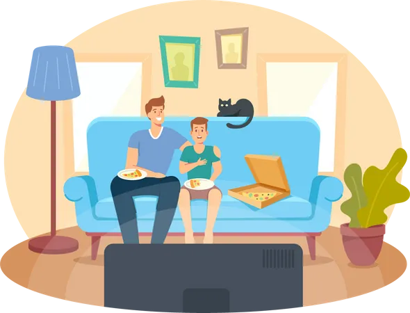 Vater und Sohn mit Pizza und Katze sitzen auf dem Sofa und schauen einen Film  Illustration