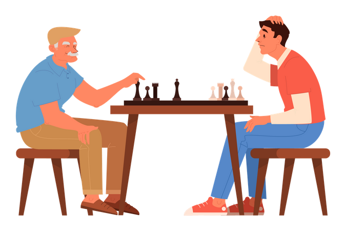 Vater und Sohn spielen zusammen Schach  Illustration